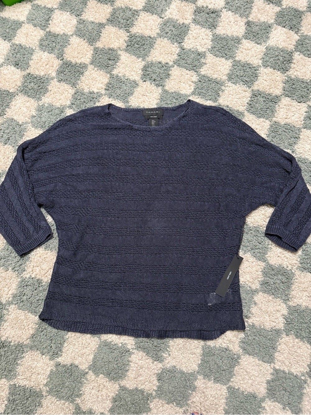 Tahari NWT Linen Navy Textured Open Knit Dolman Sleeve Sweater Top Beach Medium